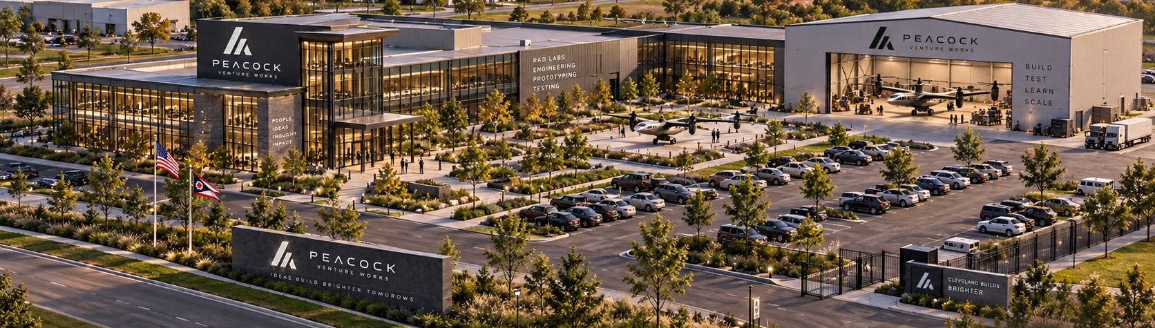 AI-generated architectural concept of a proposed low-rise PVW campus with offices, technical buildings, landscaping, and parking. Not an existing facility or a surveyed site plan.