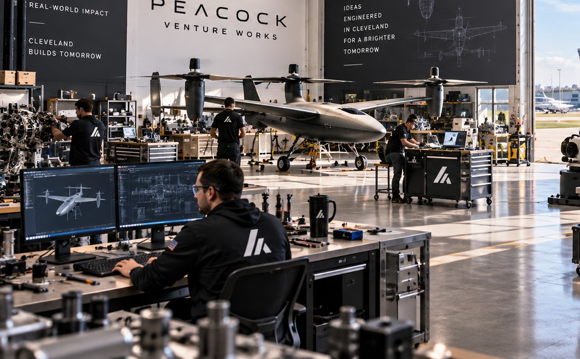 AI-generated concept of a bright prototype integration workspace with benches, equipment, and illustrative personnel. No current facility, employees, or completed product is depicted.